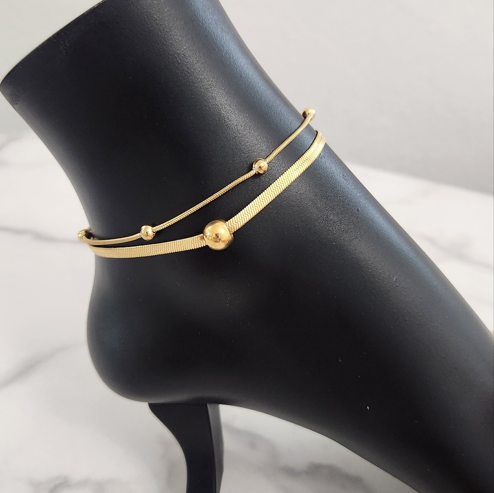 Gold Plated Double Layer Anklet Herringbone Blade Snake Chain Bead Anklet Y2K - Picture 4 of 13
